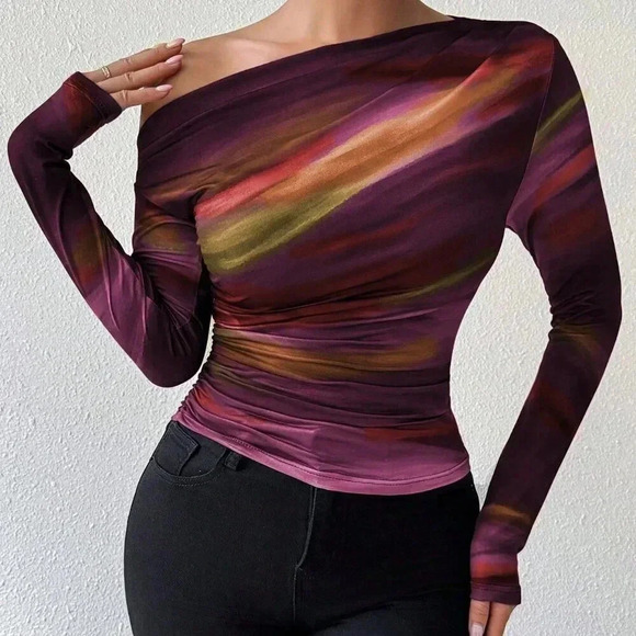 Casual Women's Marble Ombre Print Asymmetric Neck Fitted top - Picture 6 of 6